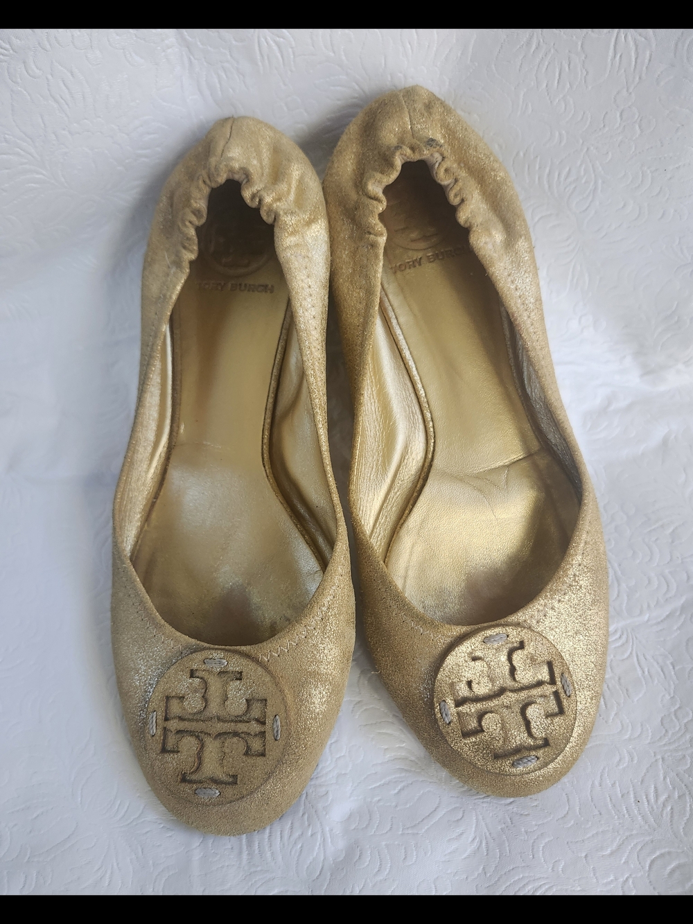 💜Tory Burch Reva Metallic Gold Leather Ballet Flats with Logo Size 9